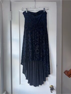 Design Lab Lord & Taylor Navy Blue Strapless Velvet Burnout High-Low Dress